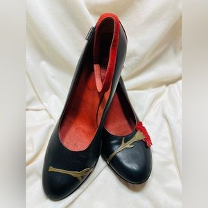 Camper heels! Rose across both heels. Black and red suede. Size 41.